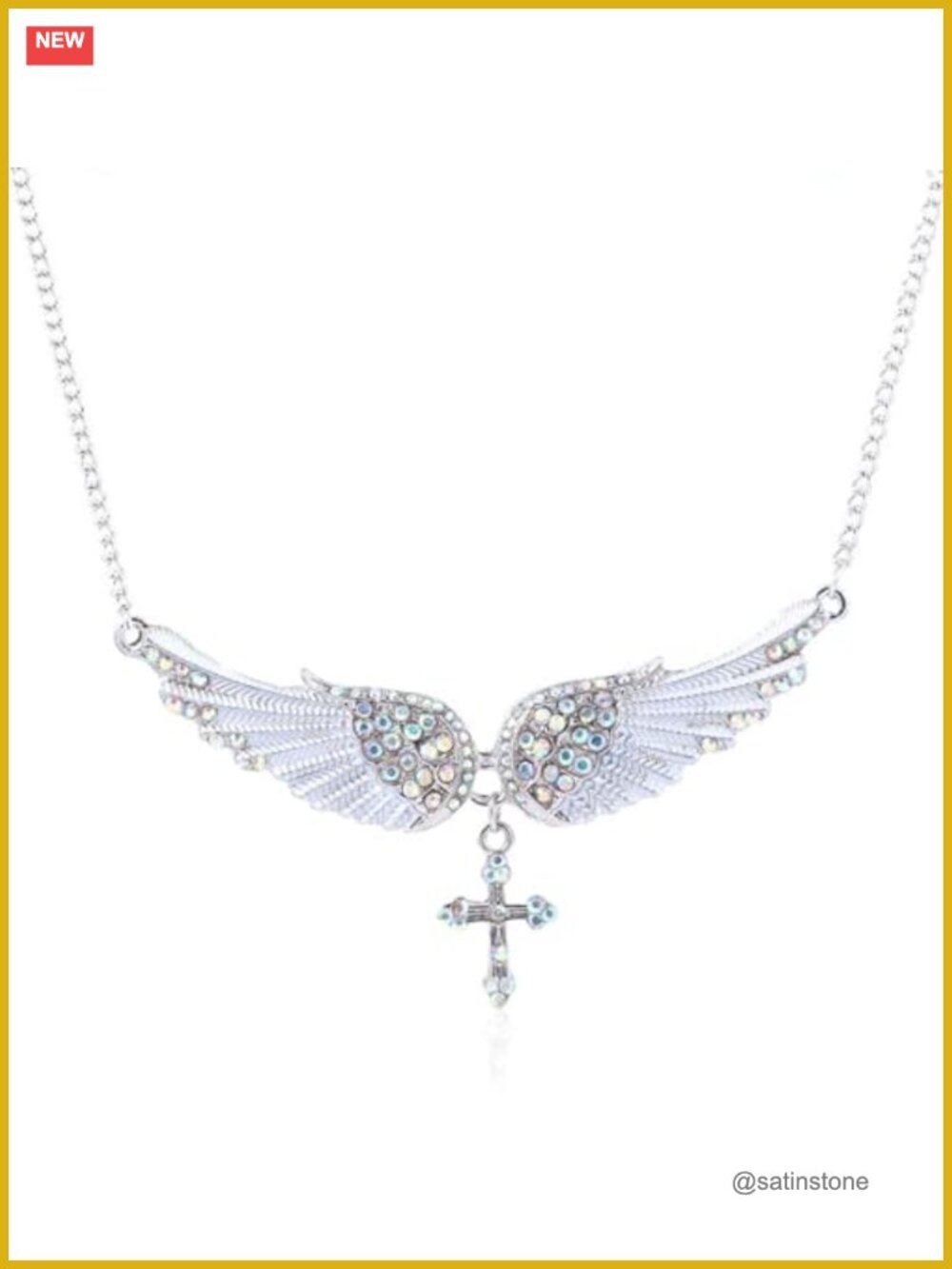 Crystal Angel Wing Pendant Necklace Rhinestone Feather 18"